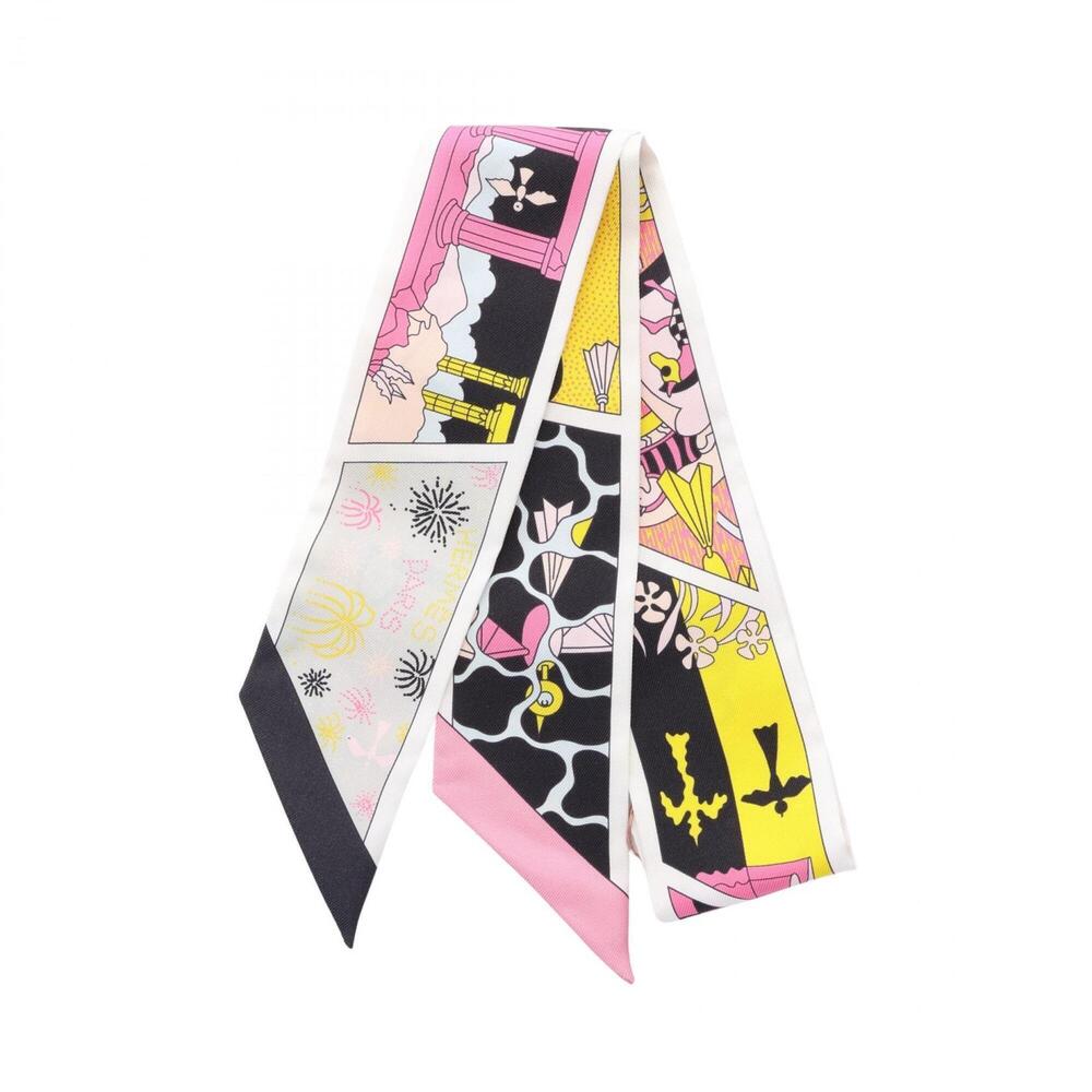 Hermes Twilly Ribbon Factory Suite Scarf Muffler Silk Women's White Multicolor